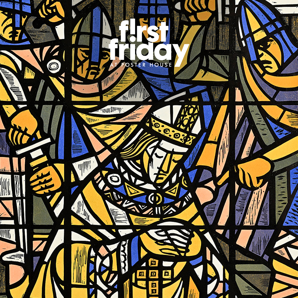 an illustration of stained glass from a poster by Peter Strausfeld, featuring the First Friday lock-up
