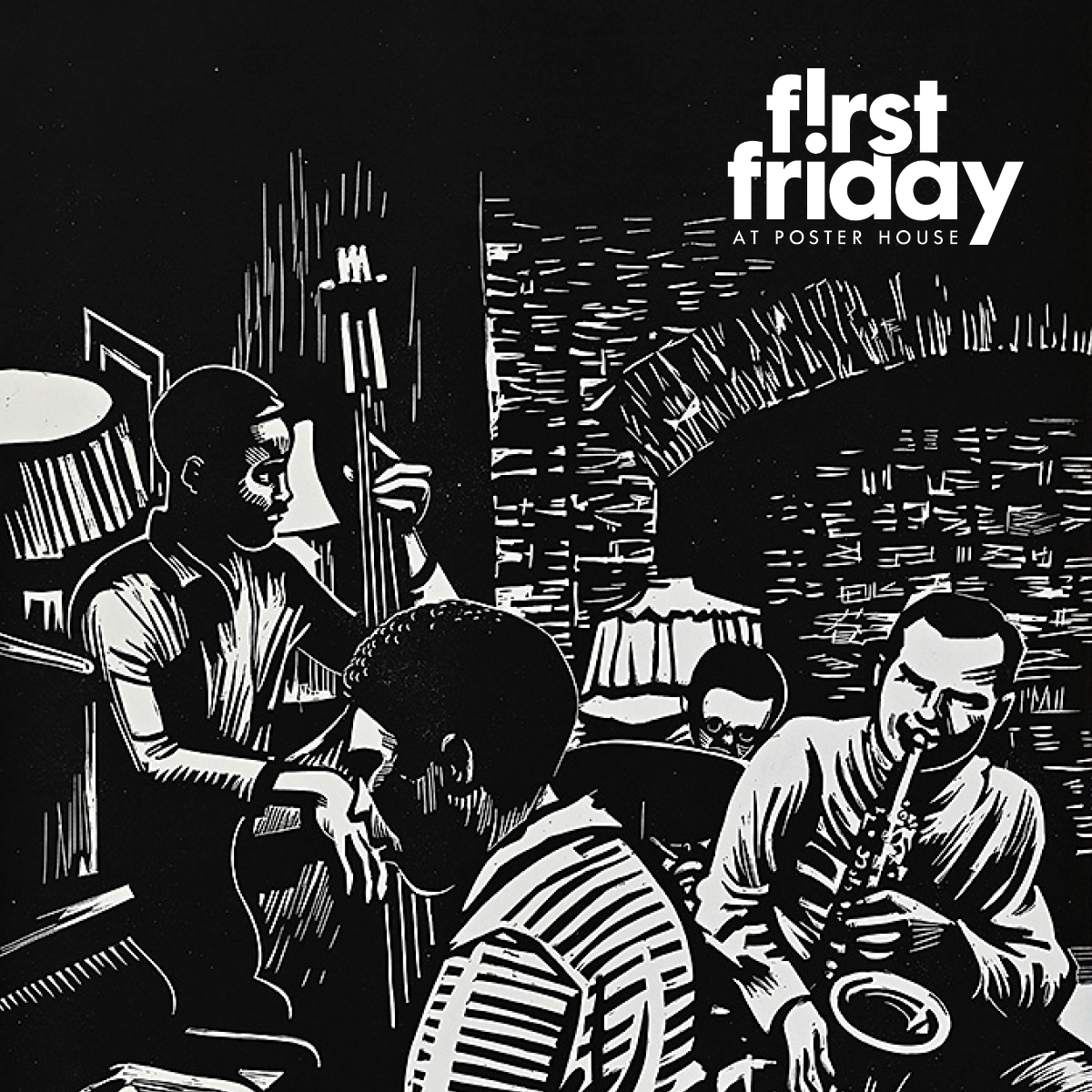 black and white woodblock-style print of people gathered together playing music, featuring the First Friday lock-up