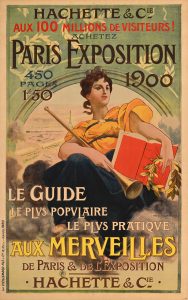 Poster for the 1900 Paris Exhibition depicting a woman in a flowing yellow top holding a book, golden wreath, and golden horn