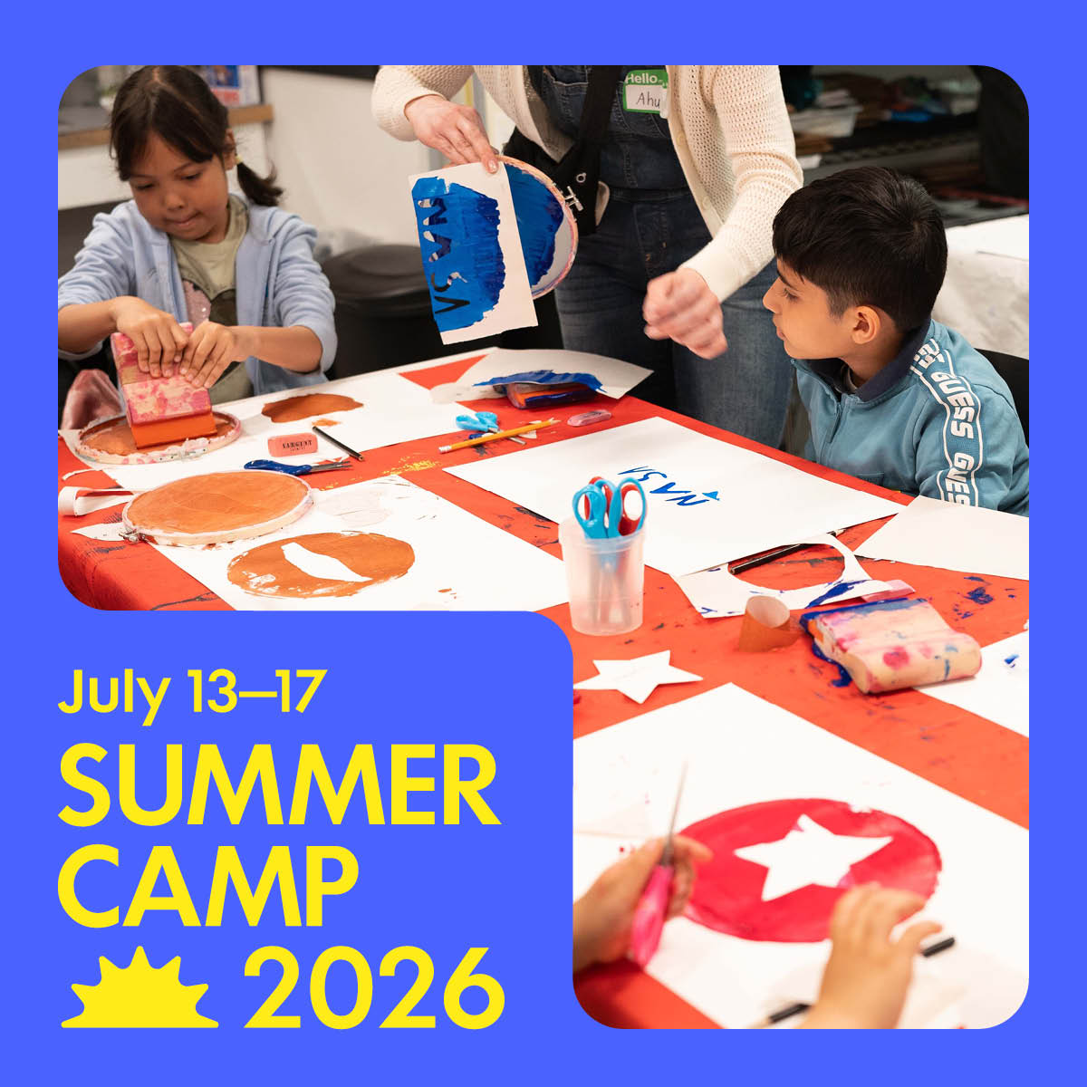 a digital graphic advertising Summer Camp at Poster House, featuring a digital image of kids sitting at a table making art.