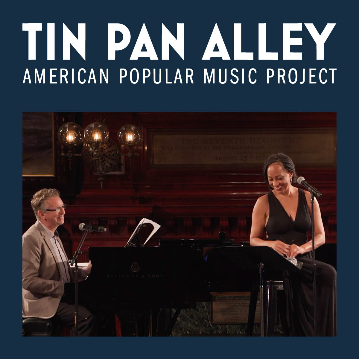 digital graphic advertising Tin Pan Alley event, featuring a photo of a man playing piano and a woman standing at a microphone