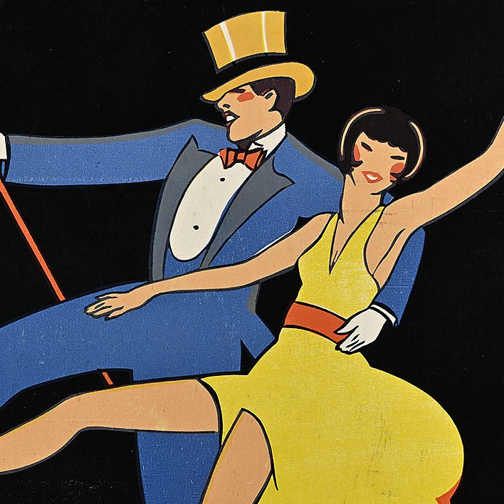 Vintage poster featuring two finely dressed figures dancing together