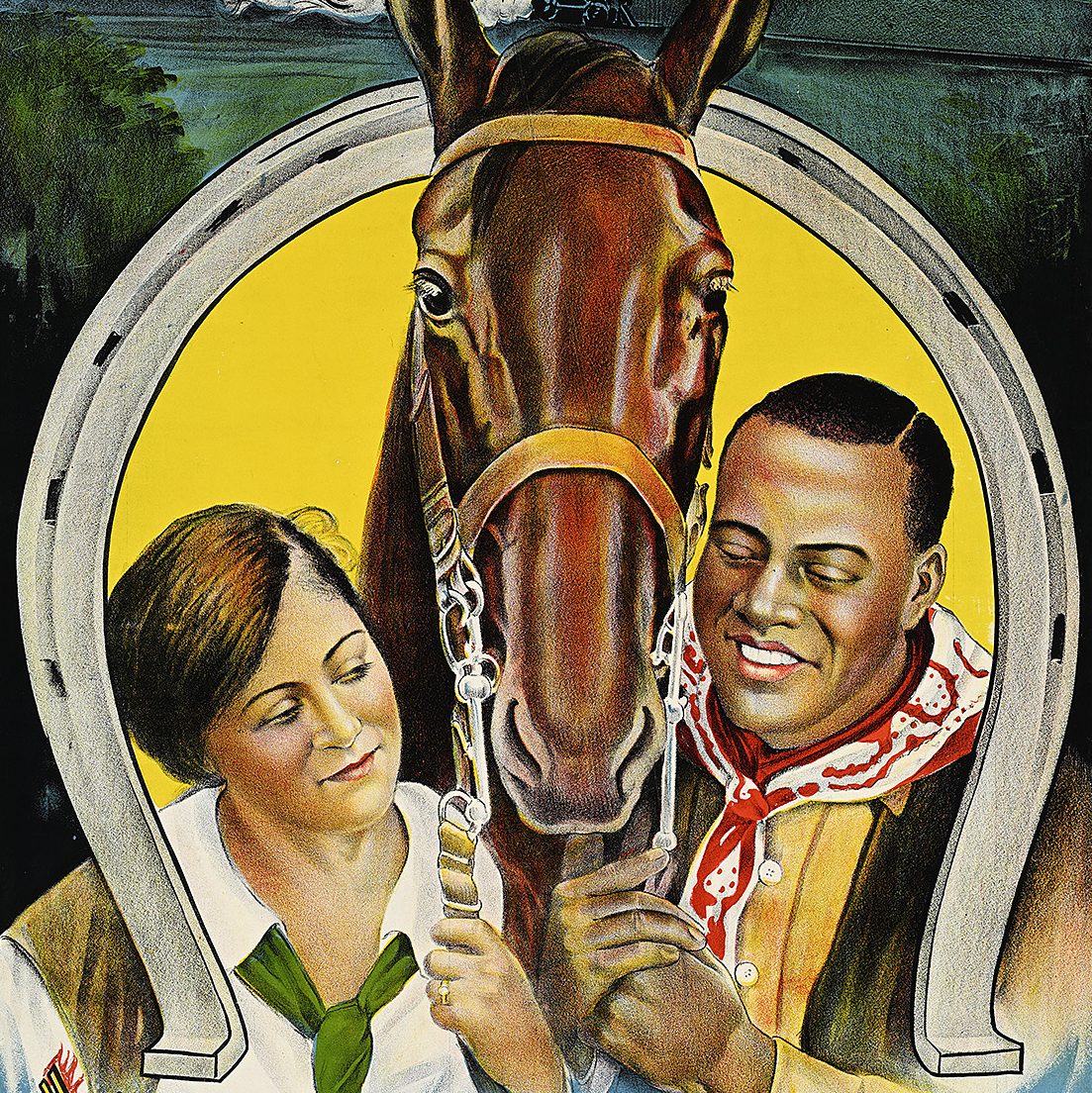 illustration of a man and woman standing on either side of a horse, framed by a large horseshoe