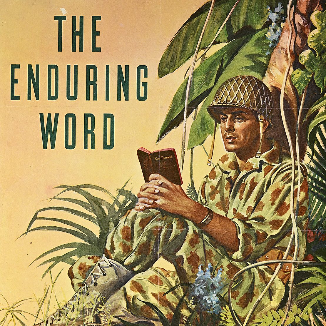 Illustrated poster of a solider sitting in foliage reading a book