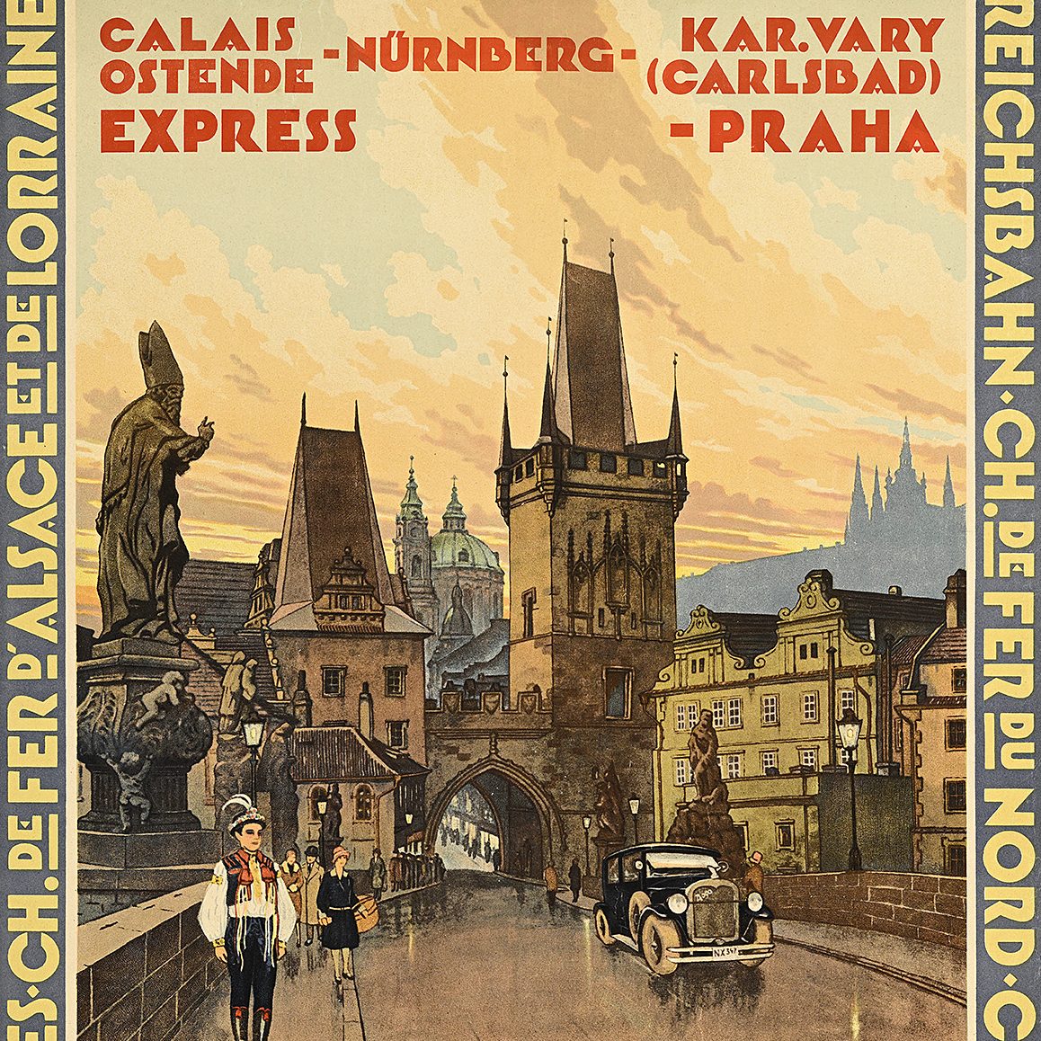 a vintage, illustrated poster of a street in Prague, featuring figures in period dress walking and a black car