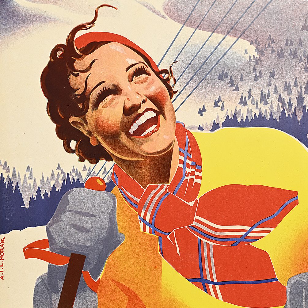 a vintage poster of a woman wearing a yellow sweater and a red plaid scarf, looking up and smiling.