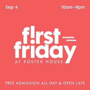 First Friday lockup on a salmon pink background