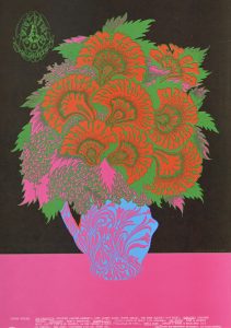 A poster of orange and green vibrant flowers in a neon blue and pink vase against a black background.