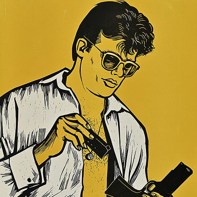 excerpt from a poster for the movie Ashes and Diamonds, showing an illustration of a man wearing sunglasses, looking down, and loading a handgun