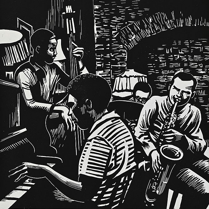 block print of four jazz musicians playing piano, saxophone, bass, and drums