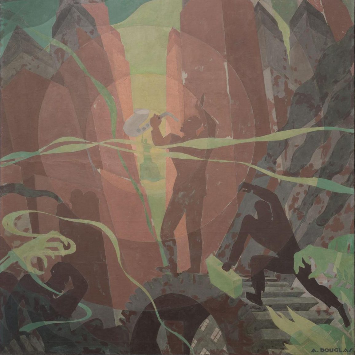 a geometric, stylized mural by Aaron Douglas featuring tall, layered rock formations in the background and three dynamic figures standing beneath, with the central figure holding up a saxophone