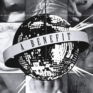 poster advertising the Sleaze Ball from 1992, featuring a disco ball with a banner across it that says "a benefit" superimposed over several black and white images of a body