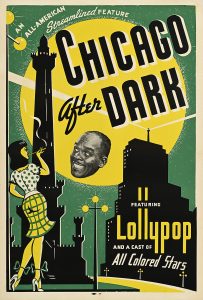 A poster of an illustrated woman smoking in front of a green and yellow night skyline with a Black man's face smiling down.