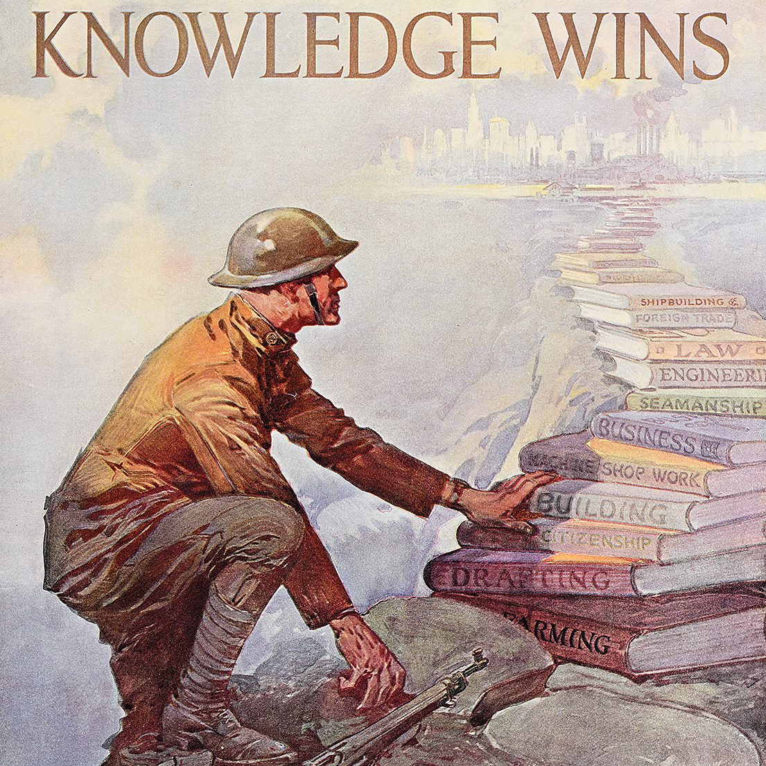 Poster of a soldier climbing a staircase of books towards a city with text that reads Knowledge Wins at the top