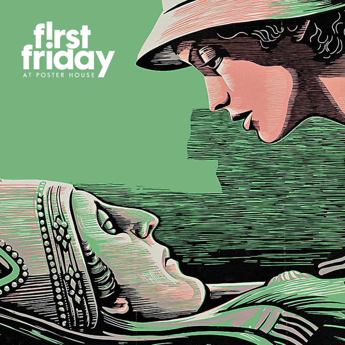 linocut print of a woman in a hat leaning over and examining another horizontal figure, set against a green background, with the First Friday lockup in the upper left corner