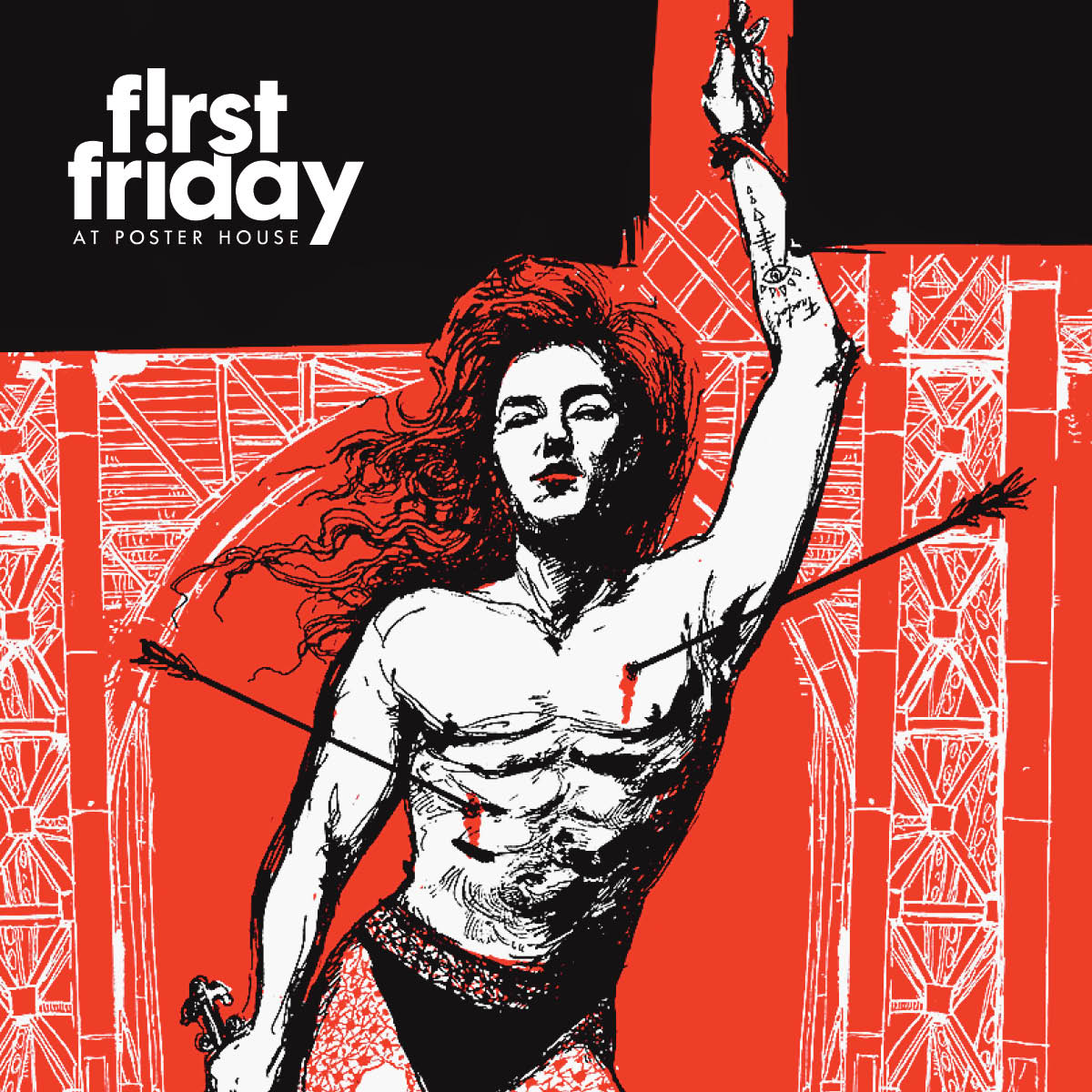 illustrated poster of Max Fractal, depicted with long red hair and arrows sticking out of their figure, set against a bright red background.