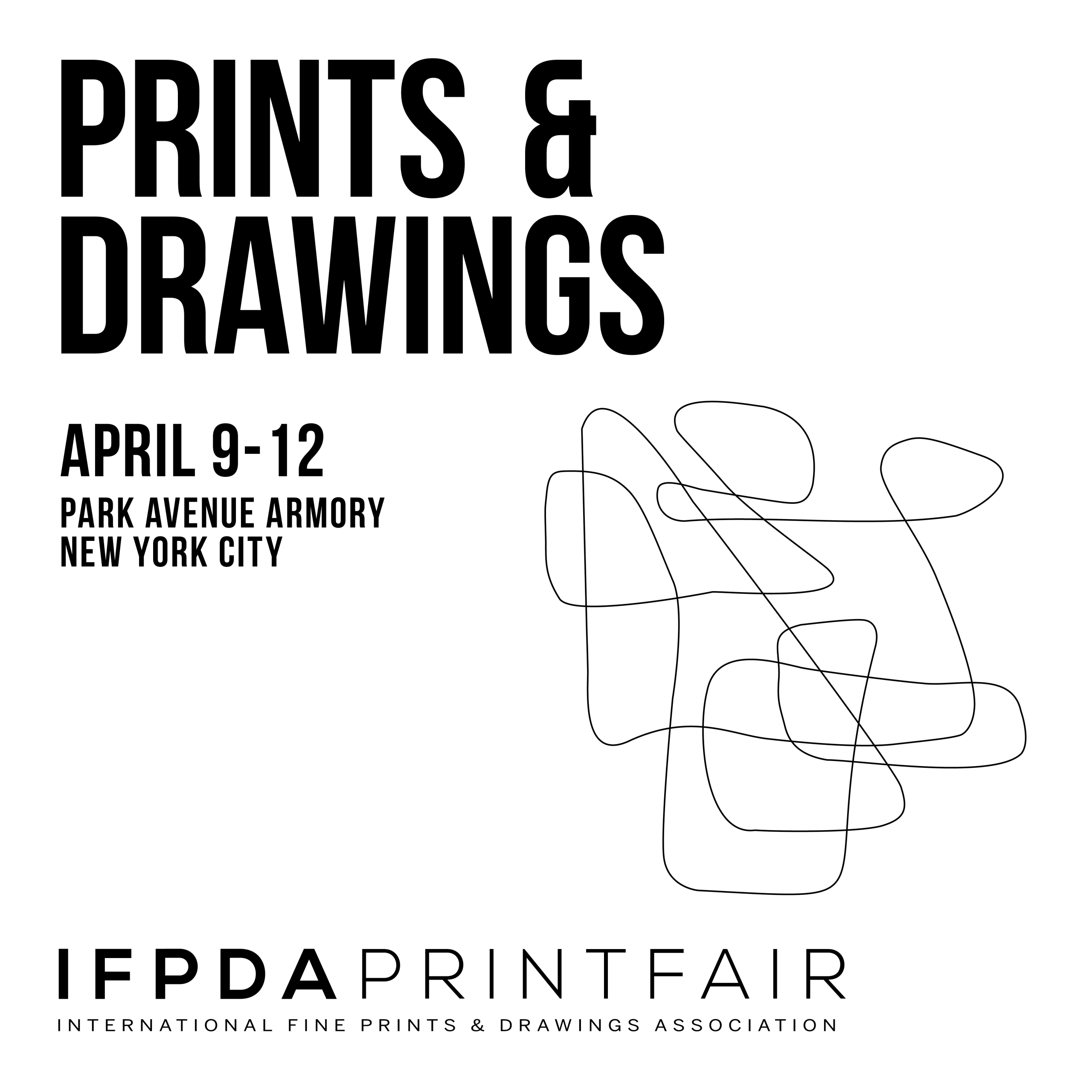 a black and white digital graphic with text in a bold, san serif font advertising the IFDPA print fair, featuring an abstract line drawing on the right side.
