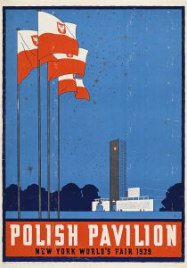 A saturated blue poster with buildings and flags waving with white text on a red panel that says Polish Pavilion