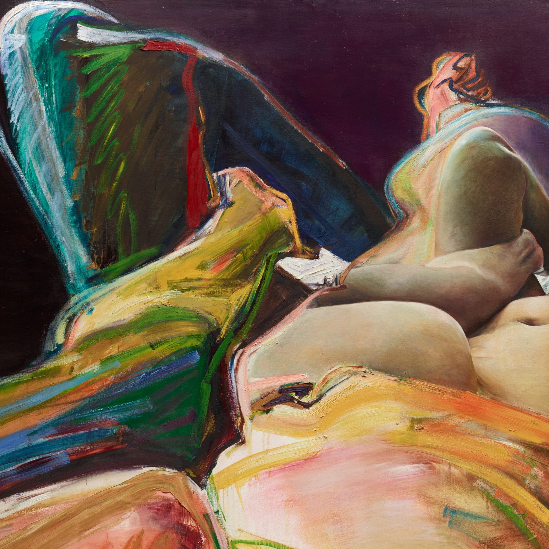 a painting by Joan Semmel of abstracted, intertwined human limbs of various playful colors, set against a plum background.