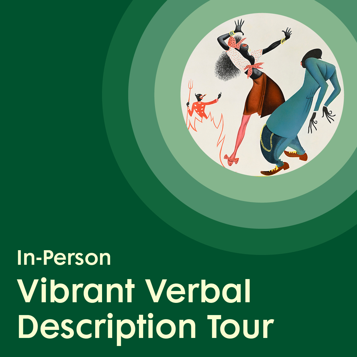 an illustration of two stylized figures facing each other and gesturing expressively, surrounded by green concentric circles, placed above white text promoting a Virtual Vibrant Verbal Description Tour.