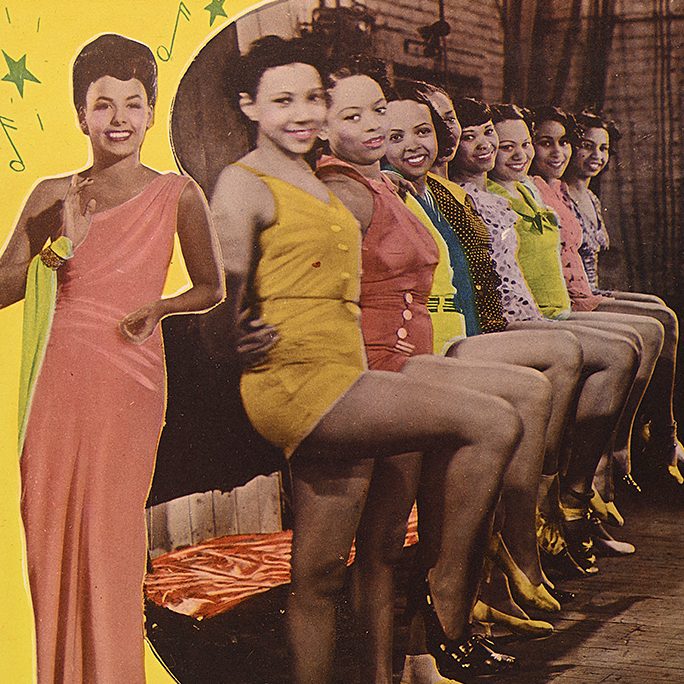 a film photograph of dancers in a kick line wearing colorful costumes looking directly into the camera, with a collaged image of a woman in a gown superimposed on the left.