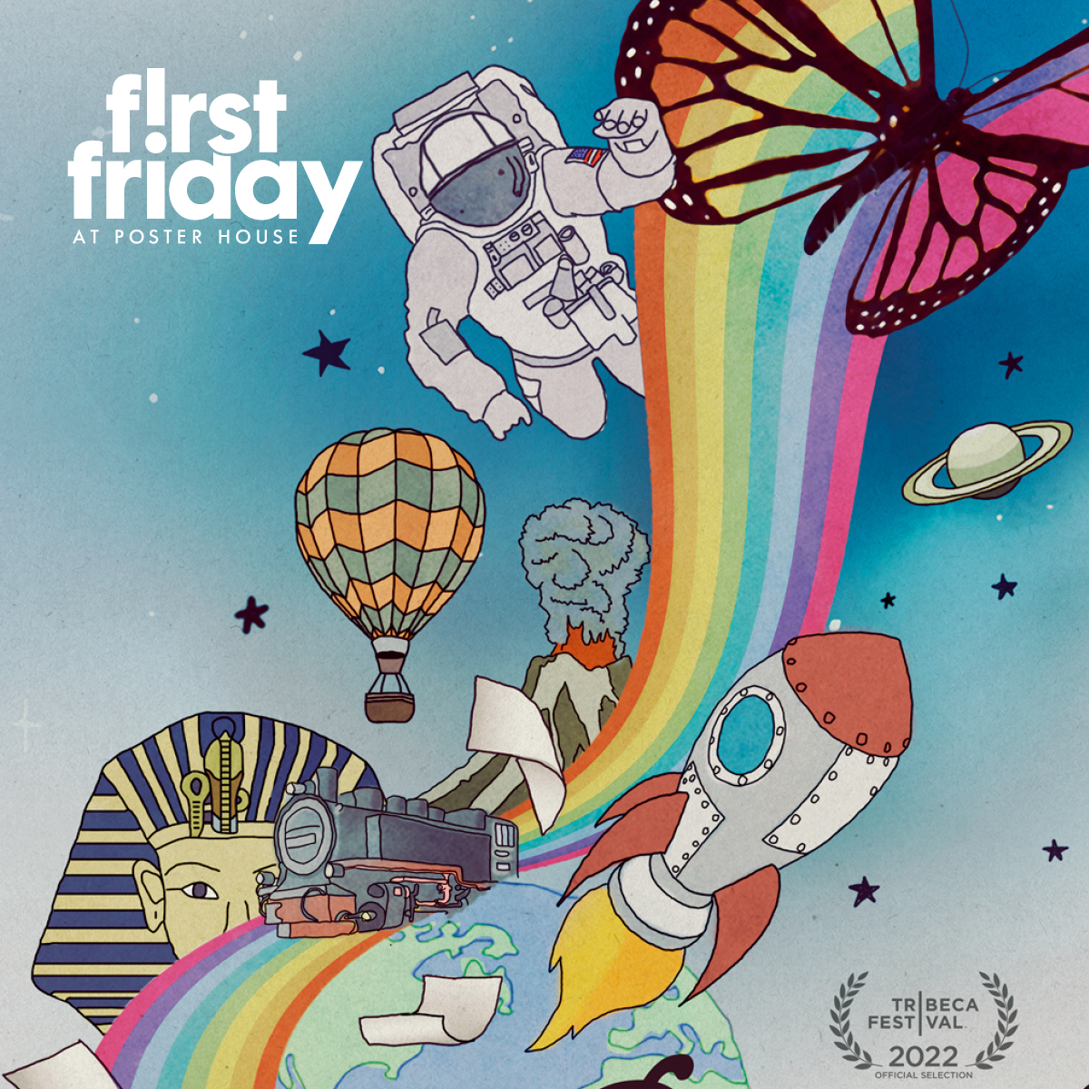 a whimsical illustration of a rainbow with various objects surrounding it, including a rocket, an astronaut, and a hot air balloon.