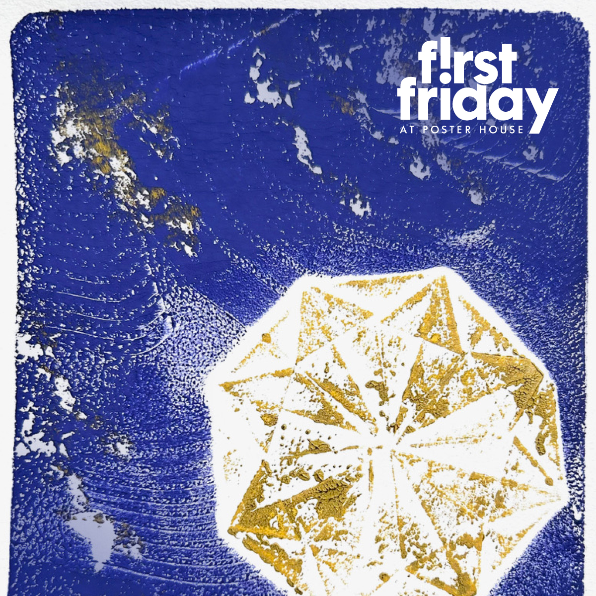 a gel plate print of a gold geometric star shape on a royal blue background