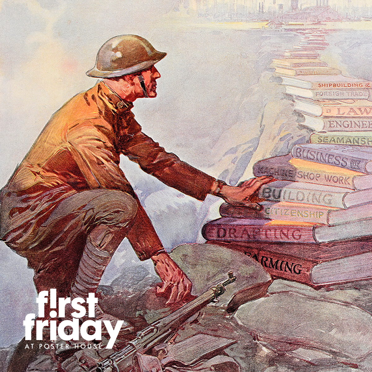 an illustration of a solider standing at the base of a staircase made of books