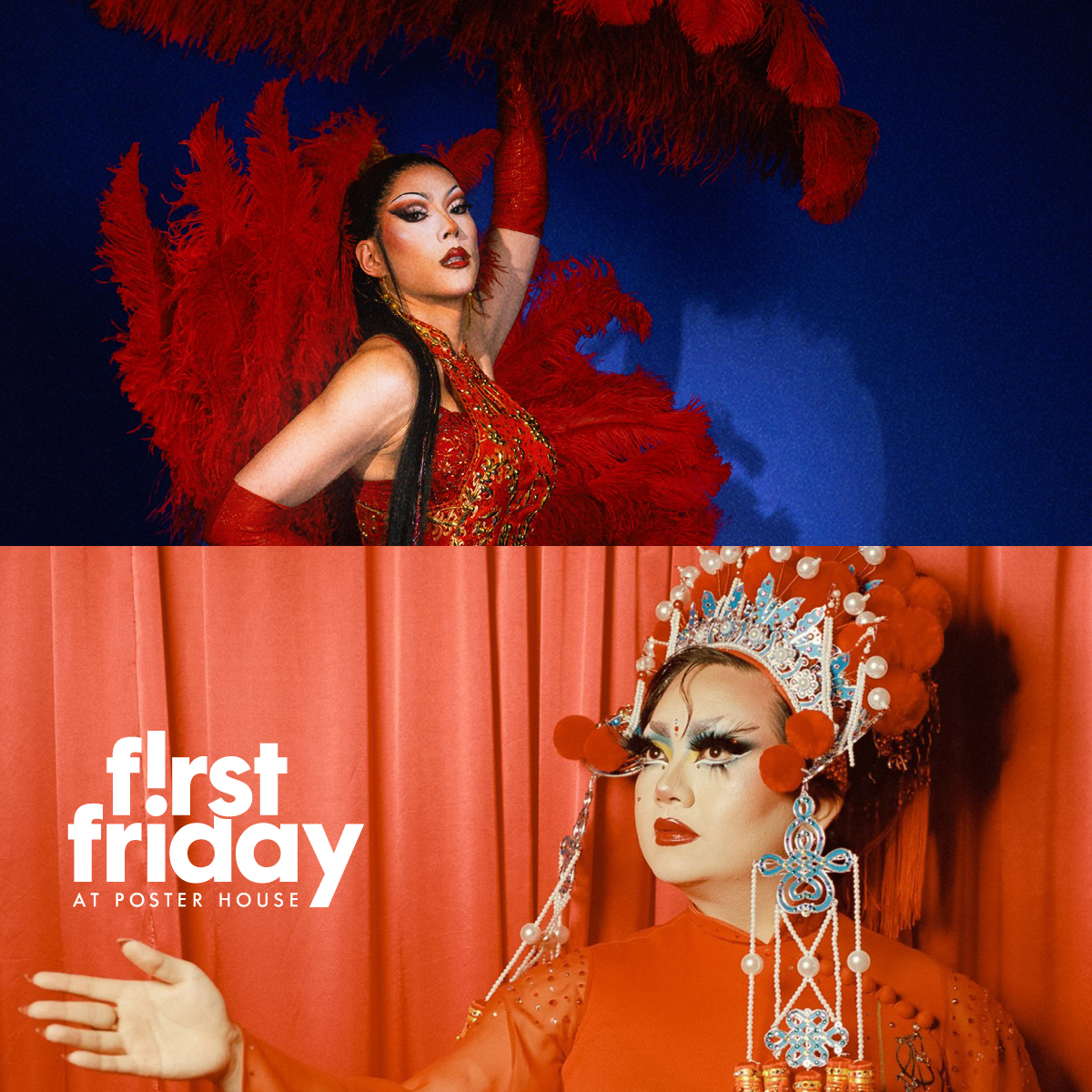 two headshots of drag queens extravagantly dressed in all red outfits