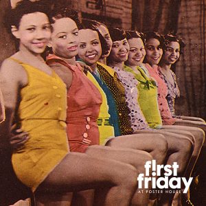 A vintage poster of dancers in a kick line wearing colorful pastel costumes