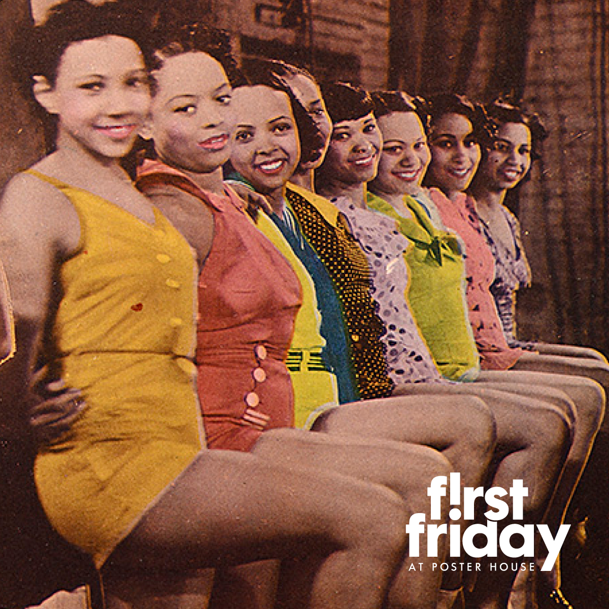 A vintage poster of dancers in a kick line wearing colorful pastel costumes