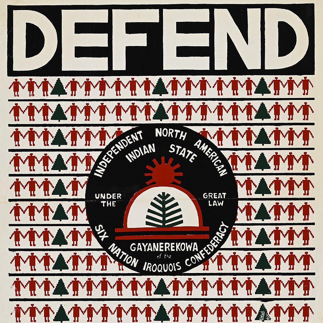 A poster with a central circle emblem in front of a pattern of small red figures holding hands and trees.