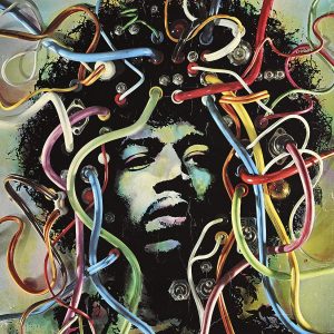 A multimedia poster of a man with an afro, with several colorful wires protruding from the image