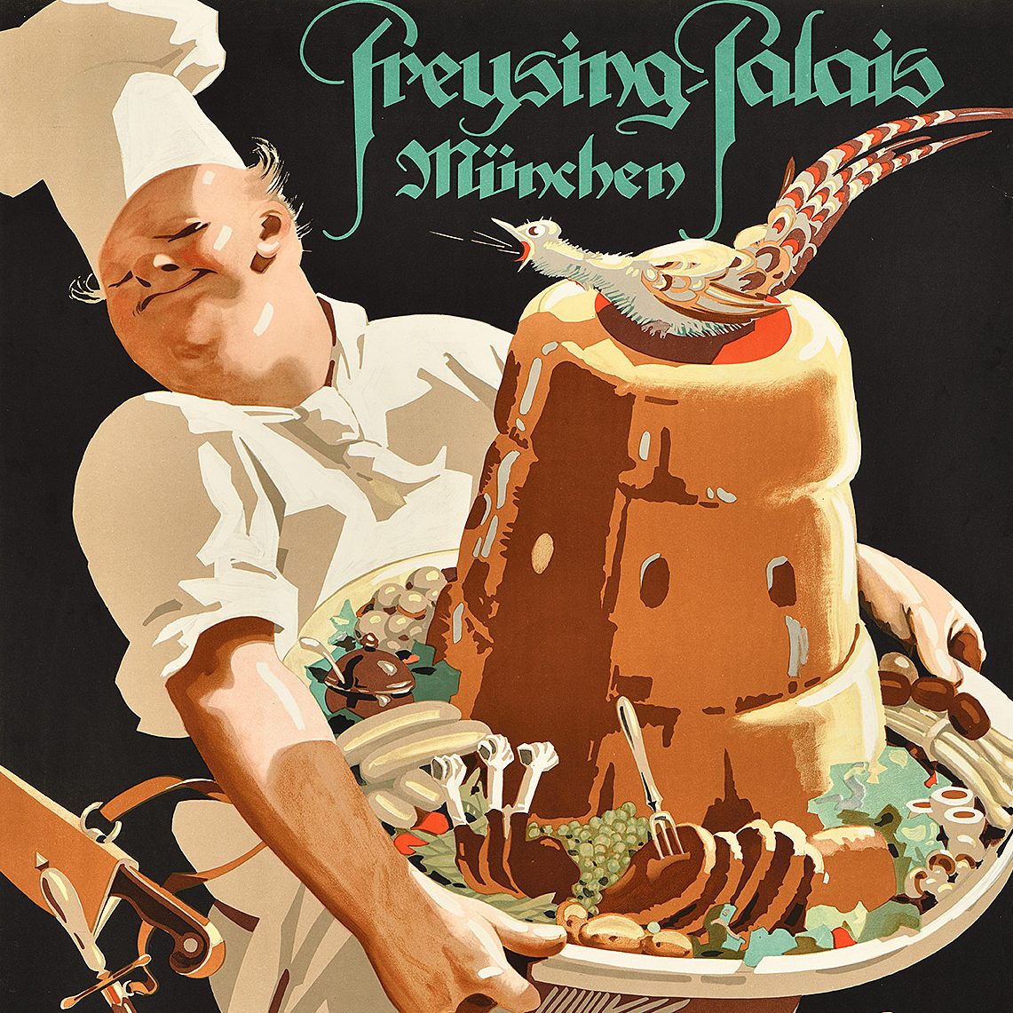 A poster of a chef carrying a platter full of meats