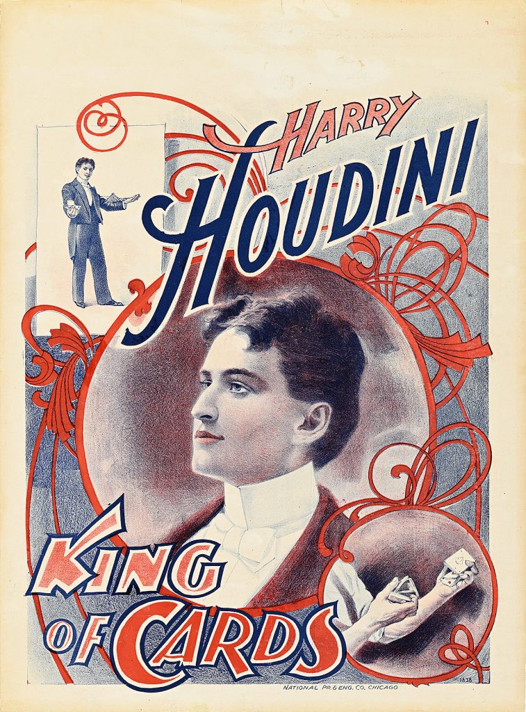 Poster of a man in profile surrounded by decorative script and playing cards.