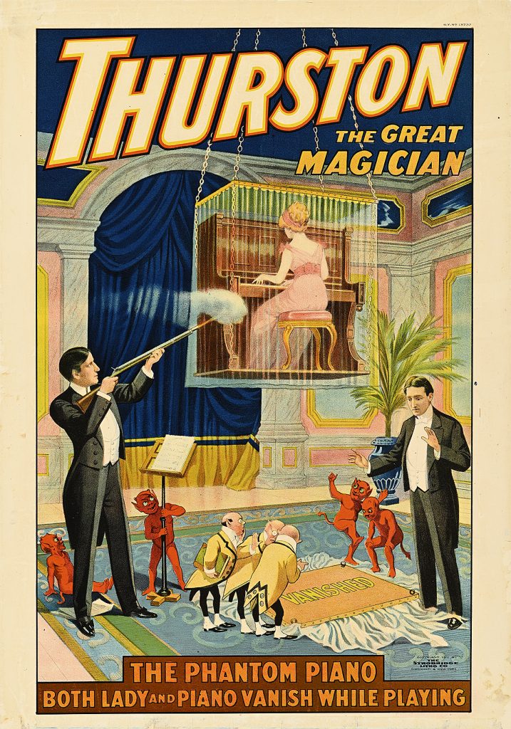 Poster of a man shooting a woman playing a piano in the sky.