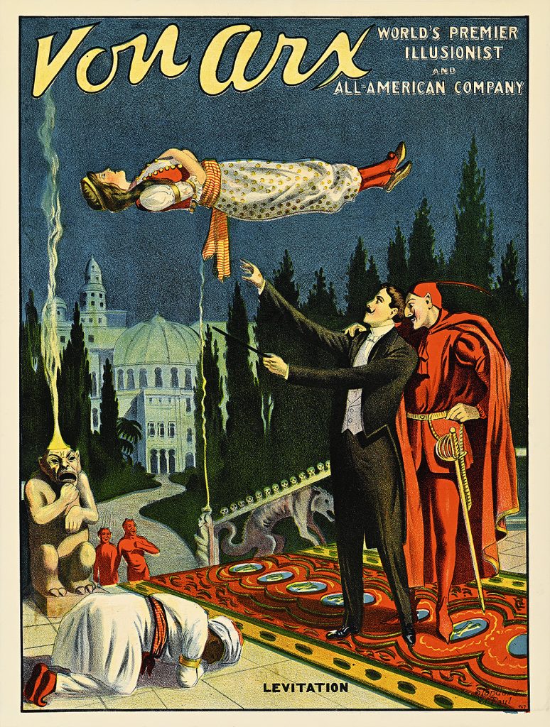 Poster of a man standing next to the devil while a woman levitates.