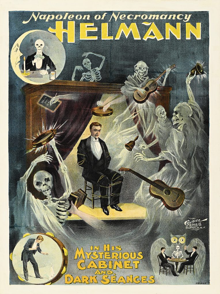 Poster of a man bound to a chair while skeletons dance around him.