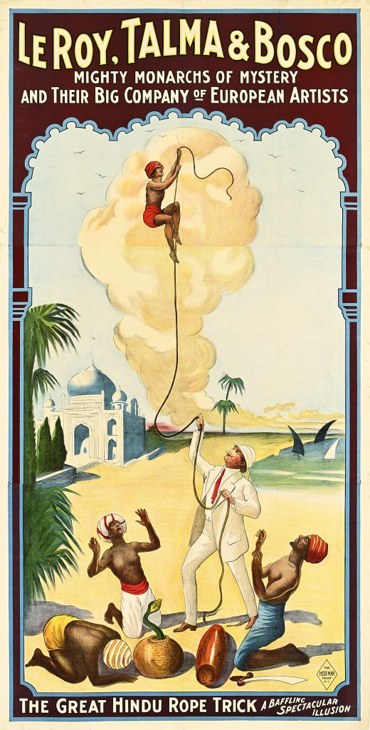 Poster of a man climbing a rope into the sky while people look on shocked.