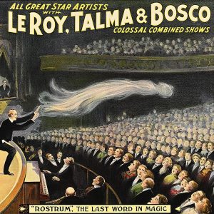 A vintage poster of a magician on a stage casting a white, ghostly figure over a large audience