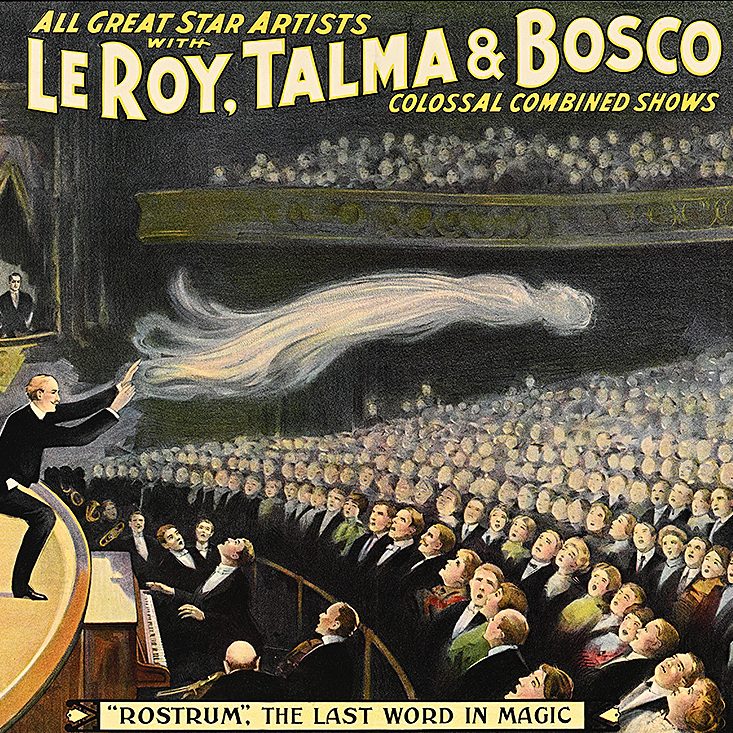 A vintage poster of a magician on a stage casting a white, ghostly figure over a large audience