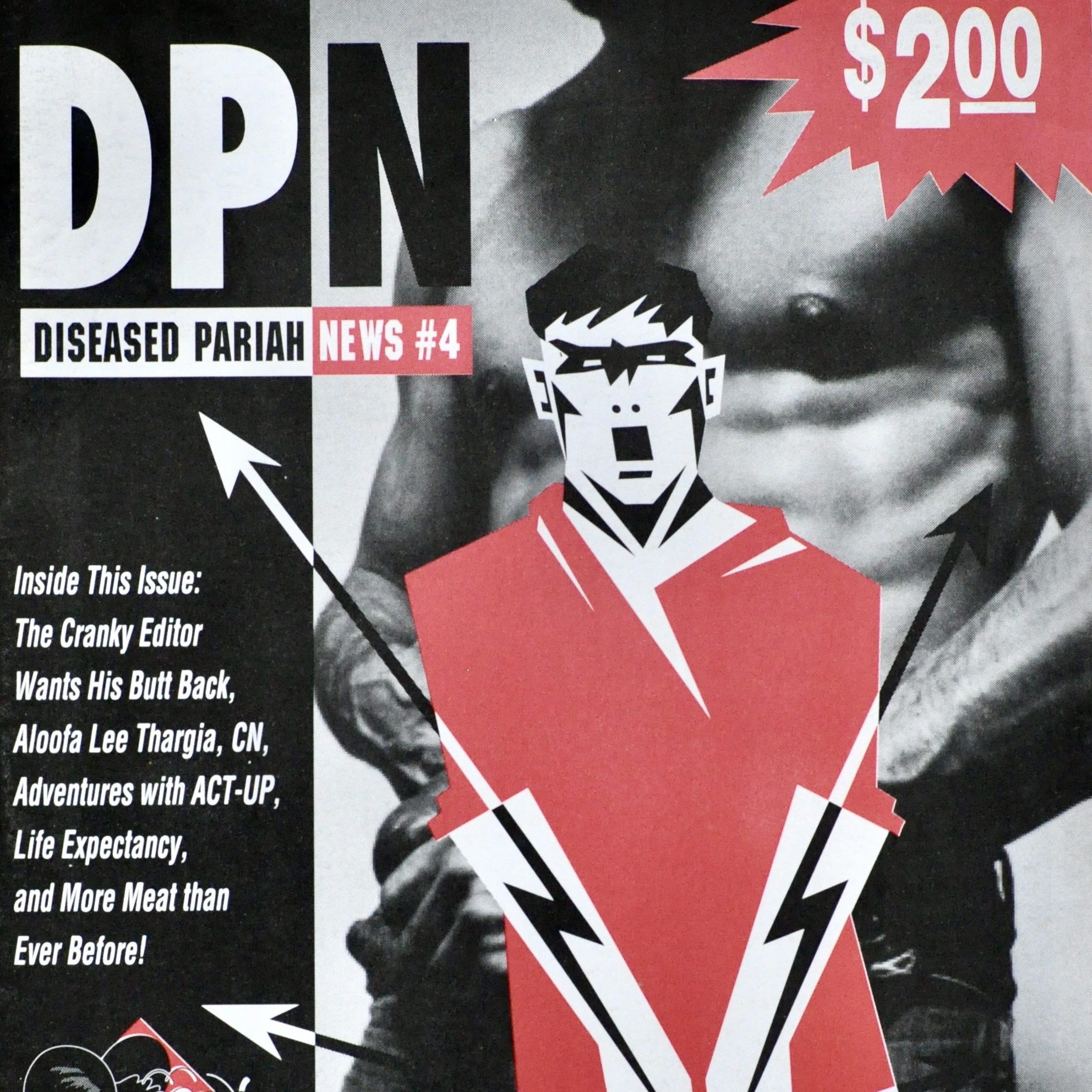 A magazine cover for Diseased Pariah News, featuring a illustration of a angry figure imposed over a black and white photo of a man's torso.
