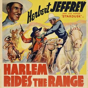 A poster of Black cowboys fighting while on horseback.