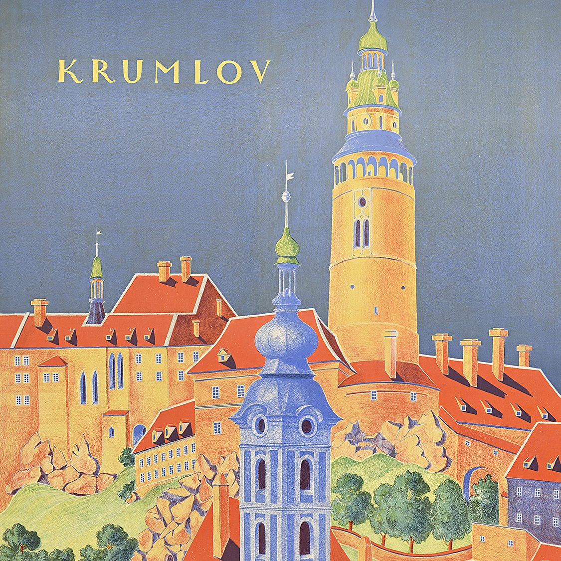 A poster of a colorfully illustrated aerial view of a city with short and tall buildings along a river.