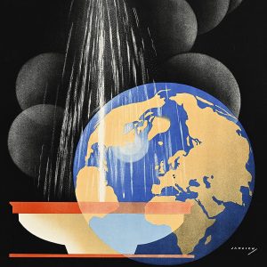 A poster of a blue and yellow globe and a white vessel in front of several gray spheres on a black background.