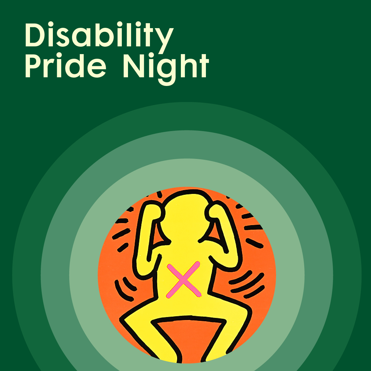 A yellow cartoon figure with a pink x on its torso at the center of three green concentric circles.