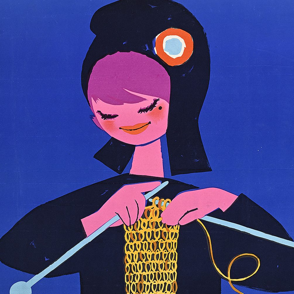 A poster of a cartoon woman knitting a sock out of a gold coin.