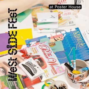 Colorful collaging materials and art supplies laid out on a table.