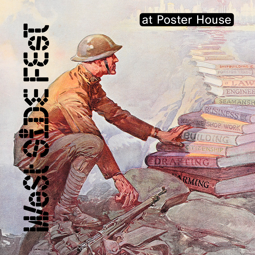 An illustrated poster of a solider at the bottom of a staircase made out of books.