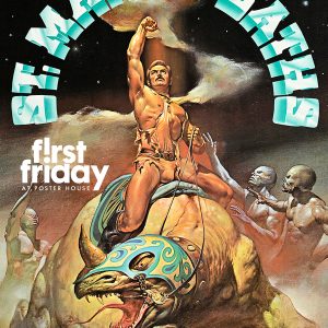 A poster of a man with his fist raised riding a dinosaur surrounded on all sides by nude men.